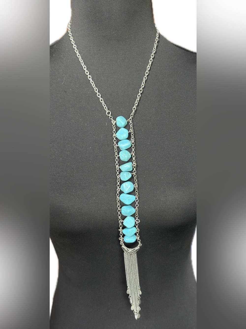 18” adjustable Idyllwind Turquoise Bead Long Pendant Necklace with Silver Tassel